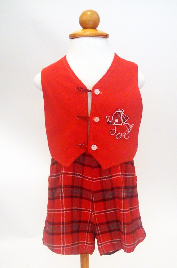 Boys Vest, Overalls, Red Plaid, Vintage Baby Cloth