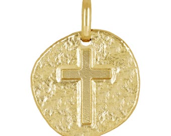 Handmade 14K Gold Hammered Cross Pendant - Rustic Christian Jewelry