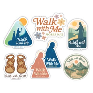 Pode incluir: Uma coleção de autocolantes com temas religiosos. Os designs incluem silhuetas, sandálias e paisagens. Os textos "Walk with Me" e "Walk with Christ" estão presentes, juntamente com a referência "Moses 6:34". As cores incluem azul, laranja e castanho.