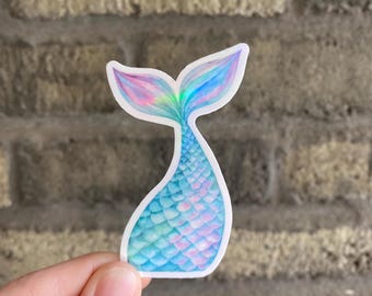 Pegatina de sirena holográfica, pegatina de cola de sirena holográfica, pegatina de cola de sirena, pegatina de sirena acuarela, pegatina de cola de sirena azul
