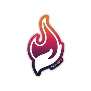 May include: A sticker with a white flame design, with a hand cupping the flame. The flame is a gradient of orange, red, and purple. The text "3 NEPHI 6:13" is at the bottom of the sticker.