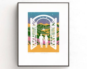 Jenseits der Tore der Herrlichkeit Siebdruck, Original LDS Siebdruck, ewige Begleitung Kunst, LDS Original Kunstdruck, Tore des Himmels