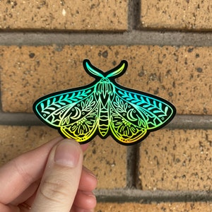 May include: A holographic sticker of a moth with intricate details and a black outline. The moth is a dark green and yellow colour with a gradient effect.