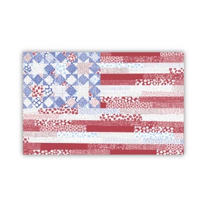 May include: A patchwork American flag design with red, white and blue fabric squares and stripes. The fabric has a variety of patterns, including polka dots, floral prints and geometric shapes.