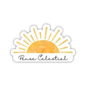 May include: A yellow watercolor sunset with a white outline and the text "Pense Celestial" in black cursive.