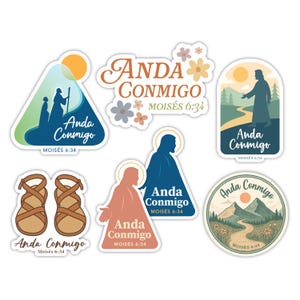 May include: A collection of stickers with the phrase "Anda Conmigo" and the reference "Moisés 6:34." The stickers feature illustrations of figures, sandals, and landscapes in various shapes and colors, including blue, orange, and brown.