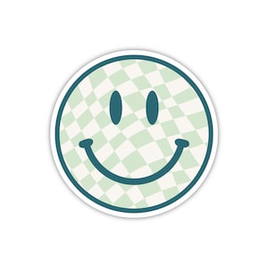 Wavy Checkered Smiley Face Sticker, Smiley Face Sticker, Teal smiley face sticker, Water bottle smiley face sticker, smiley face decal