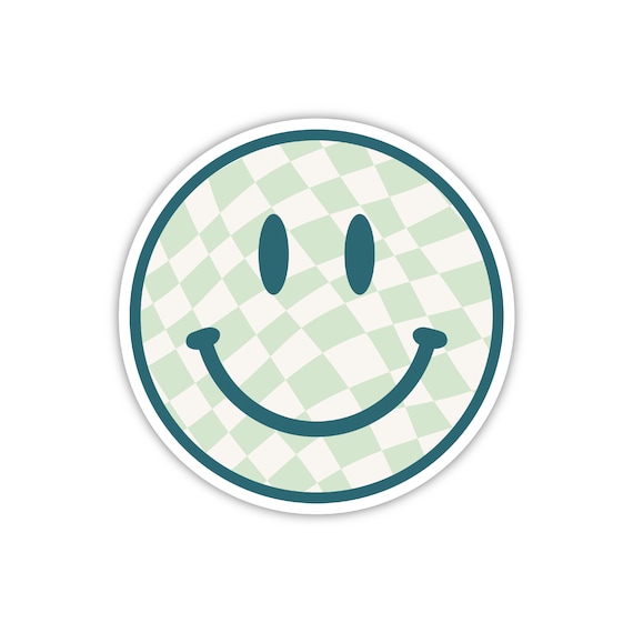 Wavy Checkered Smiley Face Sticker, Smiley Face Sticker, Teal