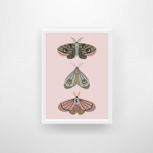 Moth illustration print, Boho Moth art print, pink moth art print, moth folk art, nature moth art, celestial moth art, moth nursery decor