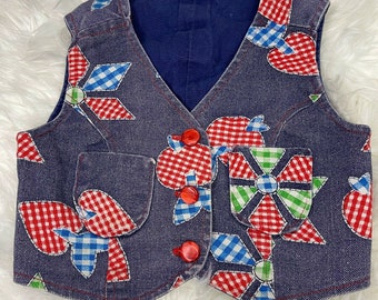 Vintage Kids Blue Denim Vest Gingham Pinwheel Patchwork Unisex Boys Girls Hippie