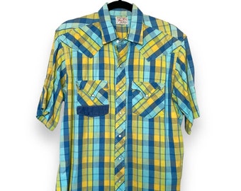 Vintage 50s 60s Tem Tex Western Pearl Snap Blue Yellow Plaid Short Sleeve Shirt
