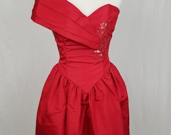 VTG 80s Gunne Sax Dress Prom Party Red One Shoulder Sequin Jessica McClintock - Size 5/6