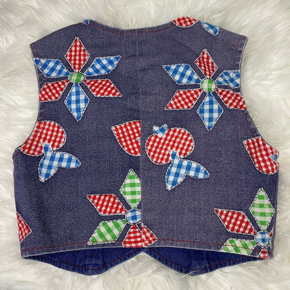 Vintage Kids Blue Denim Vest Gingham Pinwheel Pat… - image 2