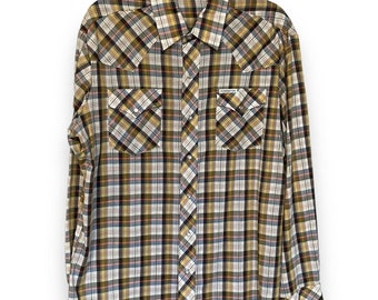 Vintage 70s 80s Kennington Yellow Brown Plaid Large Long Sleeve Pearl Snap Shirt