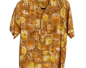 Vintage 60s Yellow Gold Hawaiian Shirt Aloha Button Up Short Sleeve Tiki Floral