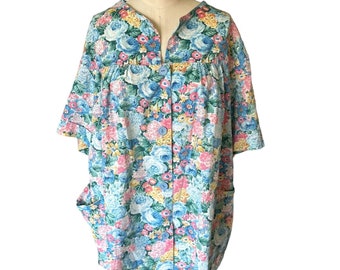 Vintage Smock Top Floral Print Spring Blue Pink Yellow Cottagecore Button Front