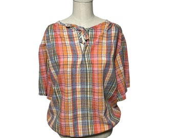 Vintage 60s 70s Fall Plaid Multicolor Casual Top Keyhole Tie Front Elastic Waist