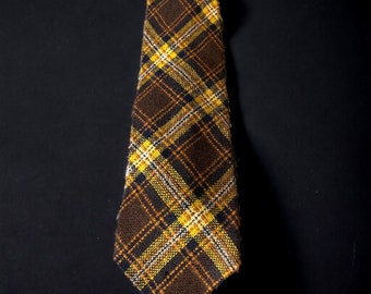 Deadstock 60s 70s Kipper Neck Tie Lana Cuadros Tejido Naranja Amarillo Marrón Ancho