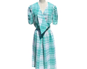Vintage 80s Jackie Taub Aqua White Plaid Asymmetric Aline Day Dress Size 12