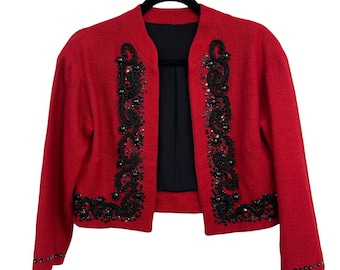 Vintage Red Wool Bolero Black Beaded Sequined Crop Jacket Holiday Tweed