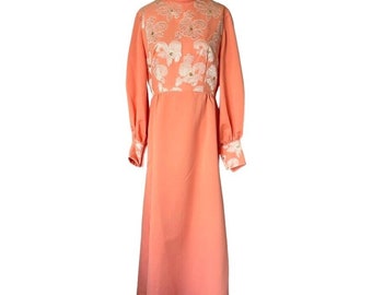 Vintage 60s 70s Peach Orange Maxi Dress Long Puff Sleeve Embroidered Floral Gown