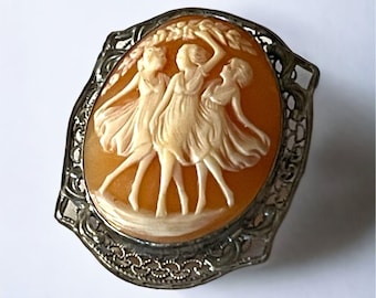 Vintage Silver Three Graces Shell Cameo Filigree Pin Pendant 3 Muses Brooch