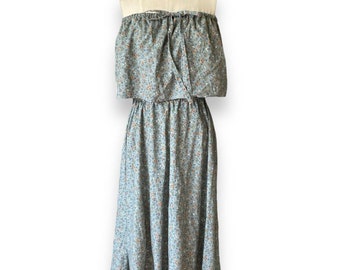 Vintage 70s Robbie Bee Slate Blue Gray Floral Strapless Peasant Day Dress Sz. 12