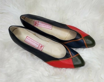 Vintage Rogers Shoes Leather Colorful Almond Toe Pumps Black Red Green Navy