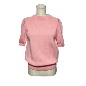 Vintage Pink Classic Look Short Sleeve Sweater Preppy Cute Girly Crewneck