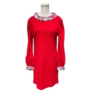 Vintage 60er Jahre Wolle Rotes Mini Kleid Verziertes Disc Leggins Mod GoGo Twiggy