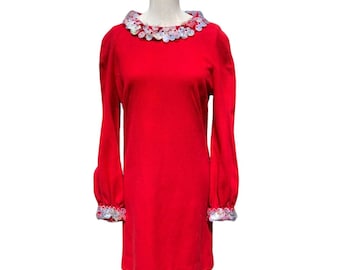 Vintage 60s Wool Red Mini Dress Embellished Disc Long Sleeve Mod GoGo Twiggy