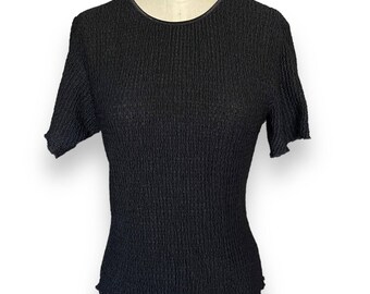 Vintage Express Tricot 90s Y2K Boucle Stretch Black Popcorn Textured Knit Short Sleeve Shirt Size Small