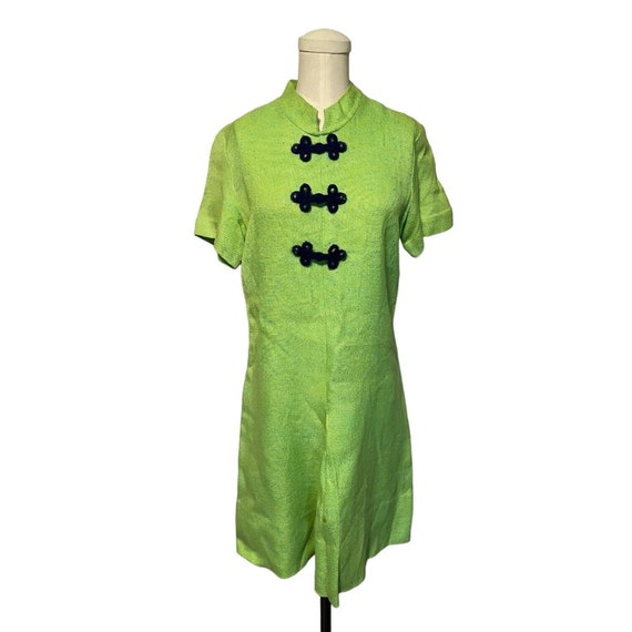 Vintage 60s Dress de Ville Bright Lime Green Navy… - image 1