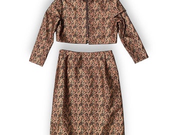 Vintage 60s Jacquard Brown Gold Red Paisley Midi Skirt Set with Jacket MCM