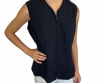 HALSTON Black Full Zip Womens Size 12 Sleeveless Vest Tailored Designer Slim Fit Lined