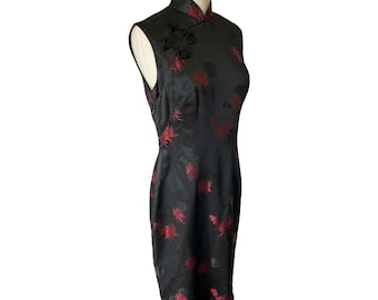 Vintage Silky Black and Red Asian Cheongsam Qipao Dress Symbol Floral Jacquard