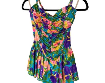 Deadstock 80s Catalina Swimsuit Peplum Colorful Floral One Piece Bathing Suit 12