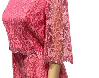 50s 60s Emma Domb Pink Allover Lace Sequin Formal Party Dress Long Gown Boatneck