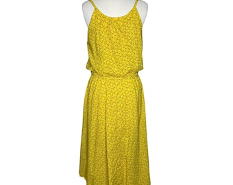 Vintage 70er Jahre Gelb Ditsy Floral Print Midi Kleid Ärmellos Lässiges Sommerkleid