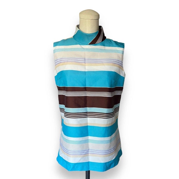 Vintage 60s 70s Aqua Brown Striped Tank Top Collared Button Back Shirt Casual Summer