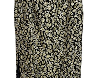 Vintage 50s 60s Black Gold Floral Brocade Long Maxi Skirt Cocktail Formal Party