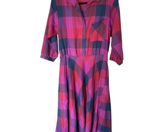 Vintage 70s 80s Alison Peters Size 18 Purple Large Plaid Shirt Dress Day Casual