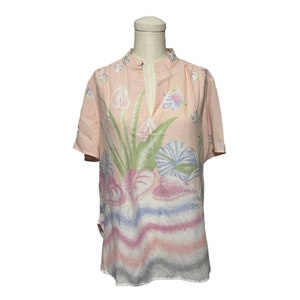 Vintage 70s RO-VEL of CA Pink Floral Pastels Top Short Sleeve Blouse Lightweight
