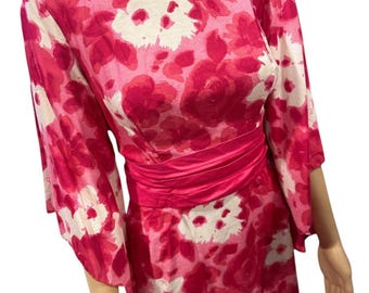 60s Ja-Na Watercolor Floral Pink White Hawaiian Gown Dress Angel Flare Sleeve