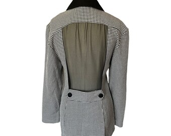 Vintage 80s 90s Black White Houndstooth Sheer Cut Out Back Blazer Chic Jacket
