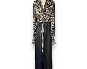 VTG 60s Vanity Fair Leopard Print Black Dressing Gown Hostess Nylon House Dress