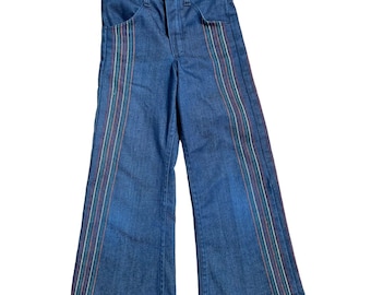 Vintage Kids Denim Rainbow Stitch Embroidered Flared Bell Bottom Jeans