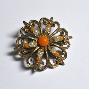 Vintage Antique Gold Tone Starburst Orange Acrylic Stones Faux Pearl Pin Brooch