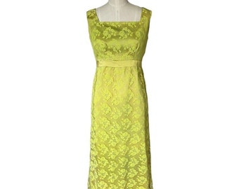 Vintage 60s Bright Green Chartreuse Allover Lace Dress Sleeveless Gown XS/S