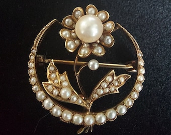 Antique Moon Watch Pin, Honeymoon Brooch, Antique Seed Pearl, Art Nouveau 14k Jewelry, 14k Flower Brooch Pin